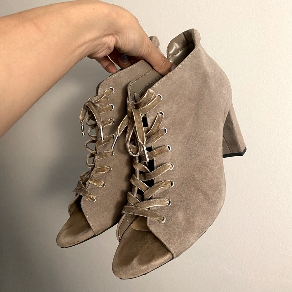 Gray Suede Lace-up Open-toe Ankle Boots - 3.25”